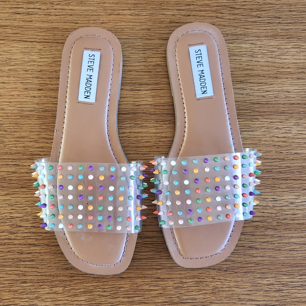 Steve Madden Crusade Flat Slip On Sandal Mutli-color Stud Clear Strap Size 6.5